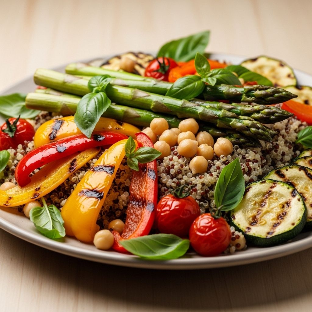Assiette colorée bien garnie avec des légumes grillés, du quinoa, des pois chiches et des feuilles de basilic frais, photographie culinaire élégante sur fond de bois clair, lumière latérale douce