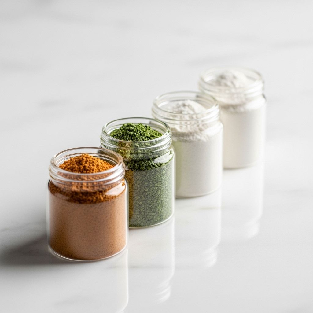 Alignement de petits contenants en verre transparent remplis de poudres naturelles colorées — ocre, vert, blanc — sur une surface en marbre blanc, éclairage doux et neutre, composition minimaliste scientifique