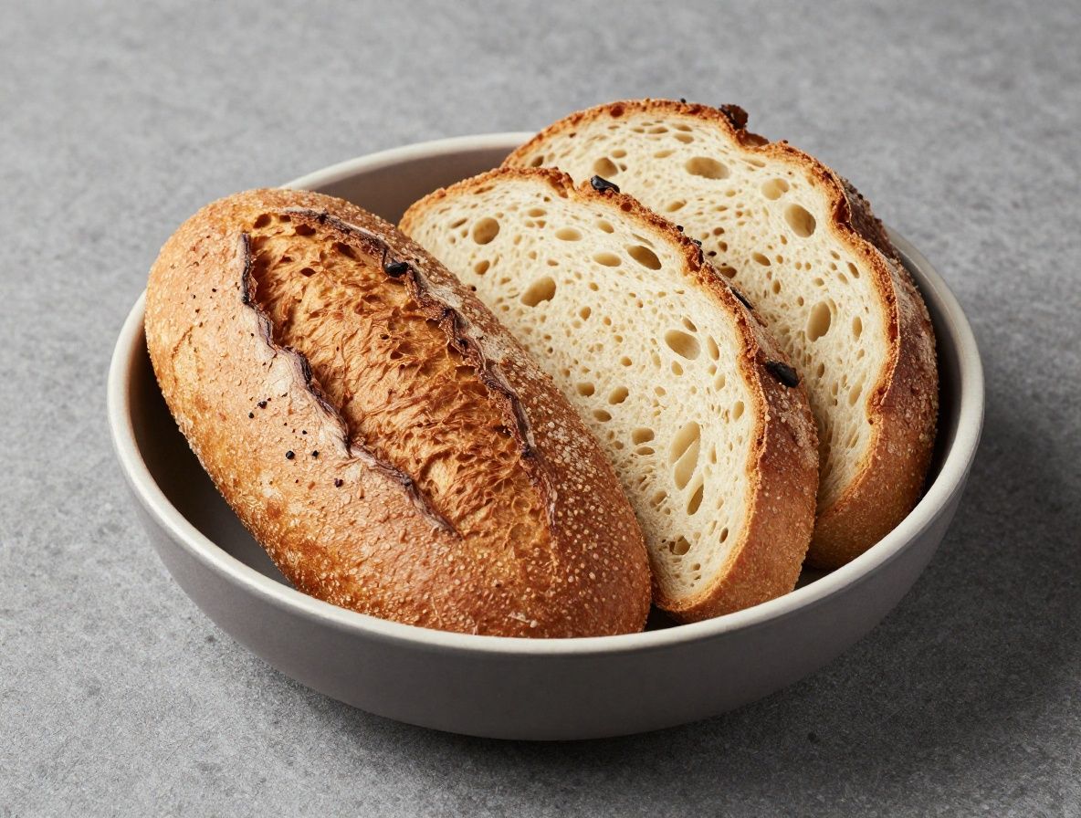 Assortiment de glucides complexes naturels : pain complet artisanal tranché, riz brun dans un bol en terre cuite, pommes de terre nouvelles et légumes racines sur fond de pierre grise texturée, éclairage naturel ambiant