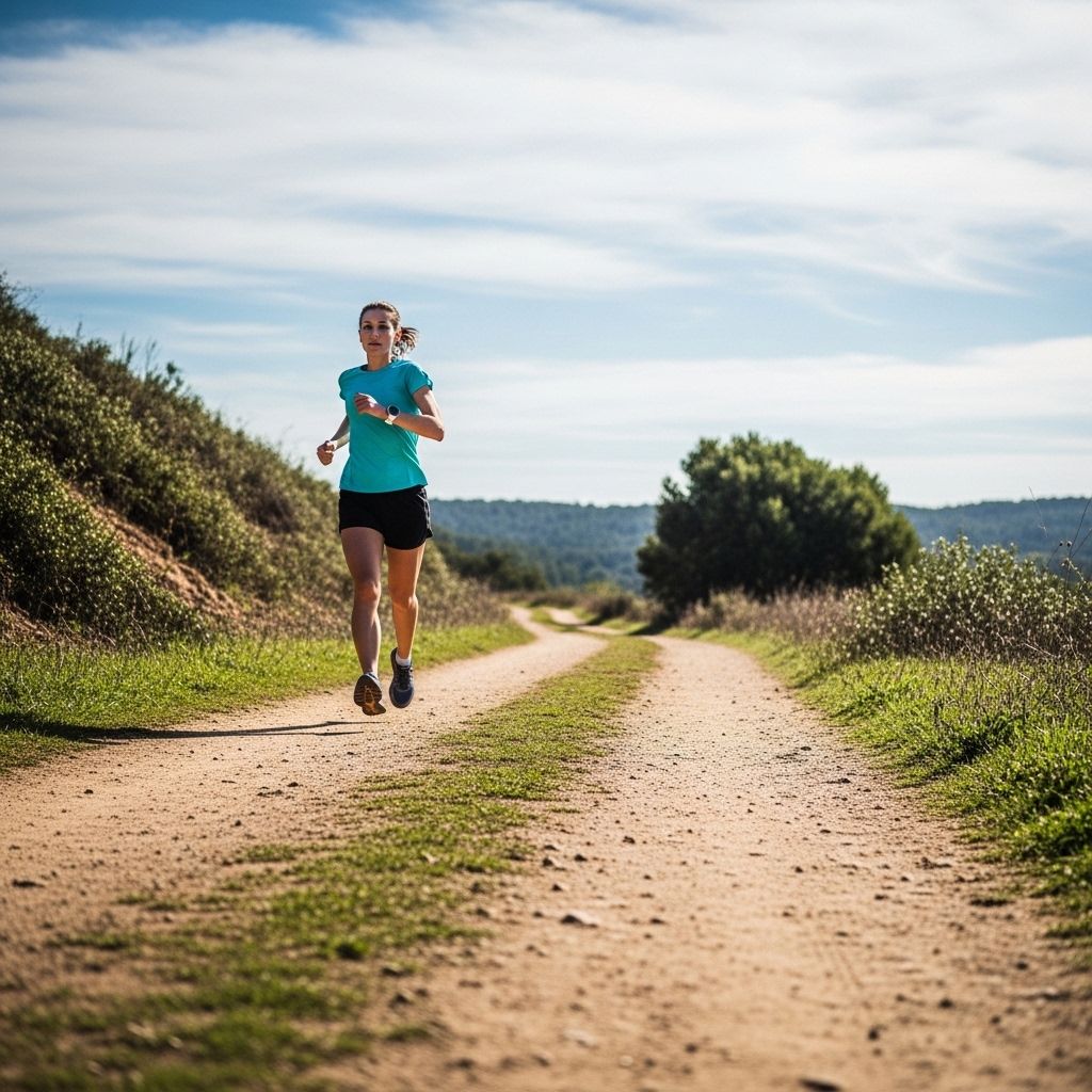 Femme courant seule le long d'une rivière urbaine tôt le matin, silhouette dynamique contre le ciel clair bleu pâle, reflets sur l'eau calme, énergie de mouvement fluide