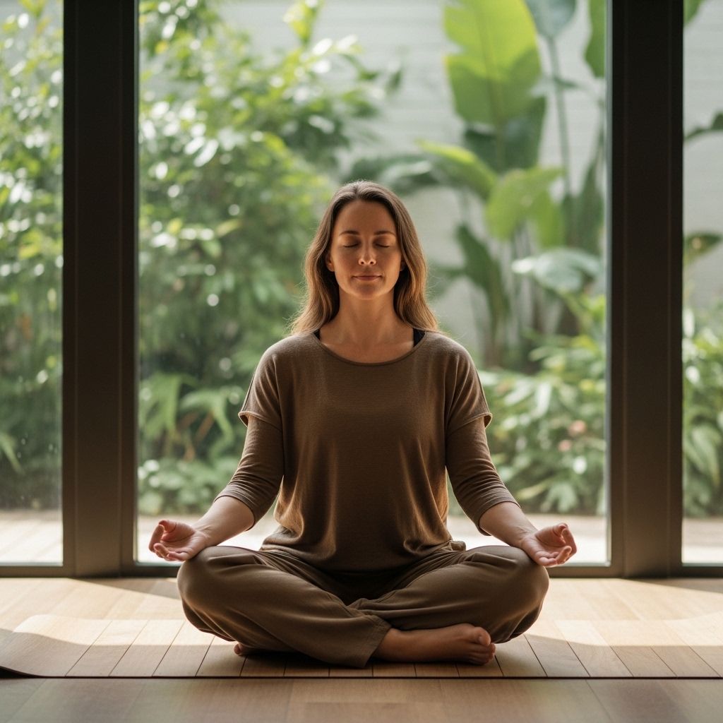 Personne en position de méditation assise sur un tapis en bois dans un espace ouvert avec des baies vitrées, lumière naturelle abondante, plantes vertes en arrière-plan, calme et concentration