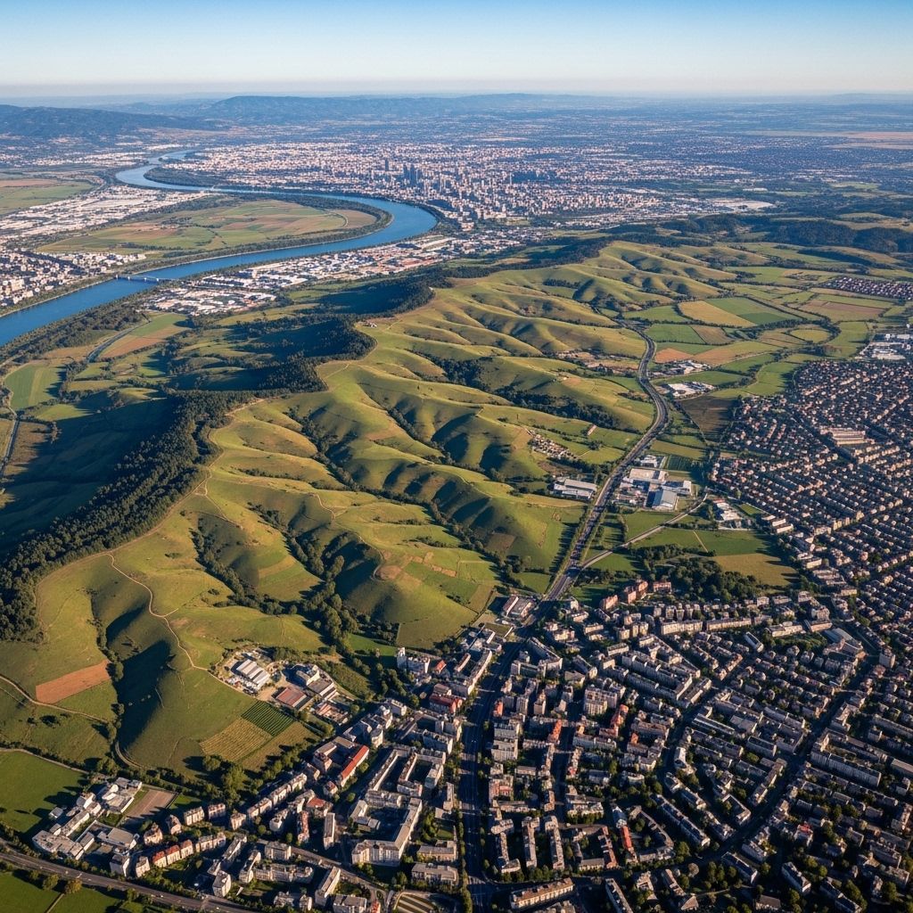 Vue aérienne d'une personne pratiquant le yoga au lever du soleil sur un rocher surplombant une forêt dense, lumière dorée matinale filtrant à travers les arbres, atmosphère sereine et contemplative
