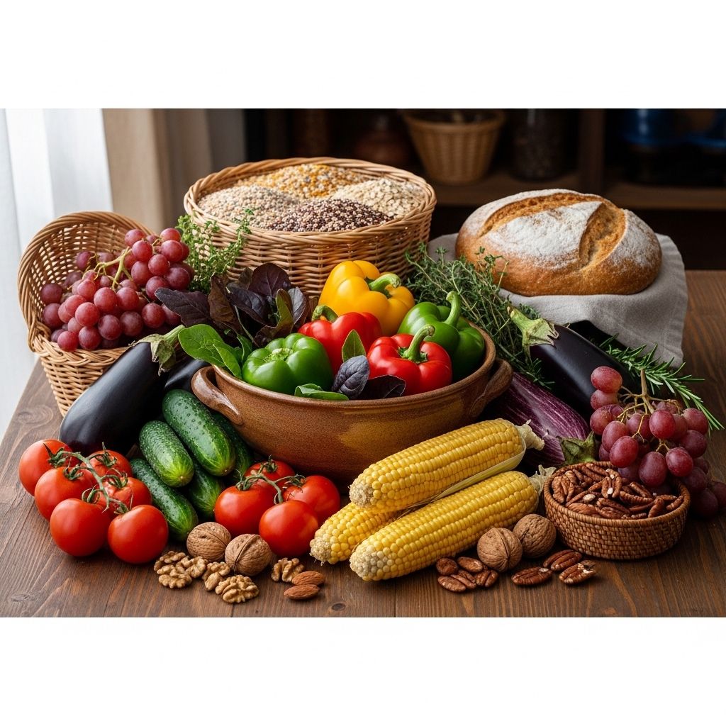 Table en bois rustique avec une variété de légumes frais colorés, grains entiers, noix et fruits, composition équilibrée en lumière naturelle douce