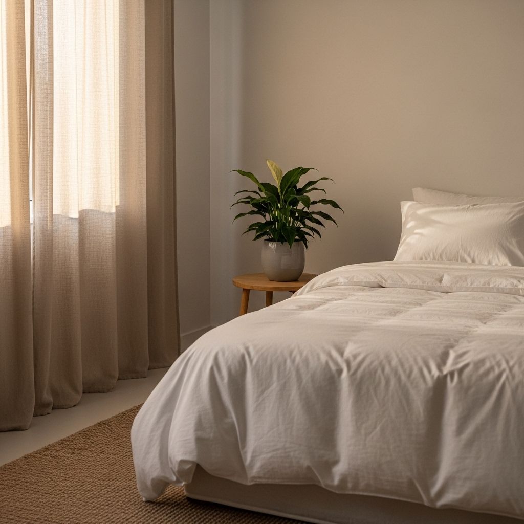 Chambre épurée avec draps blancs immaculés, lumière douce de fin de journée filtrant par des rideaux en lin beige, plante verte sur la table de nuit, ambiance reposante et zen