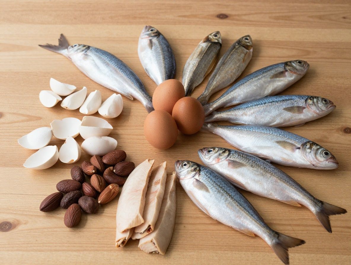 Sélection de sources de protéines naturelles disposées sur une planche en bois : œufs frais, légumineuses colorées, noix variées et filets de poisson sur fond de tissu lin naturel, photographiée avec lumière latérale douce