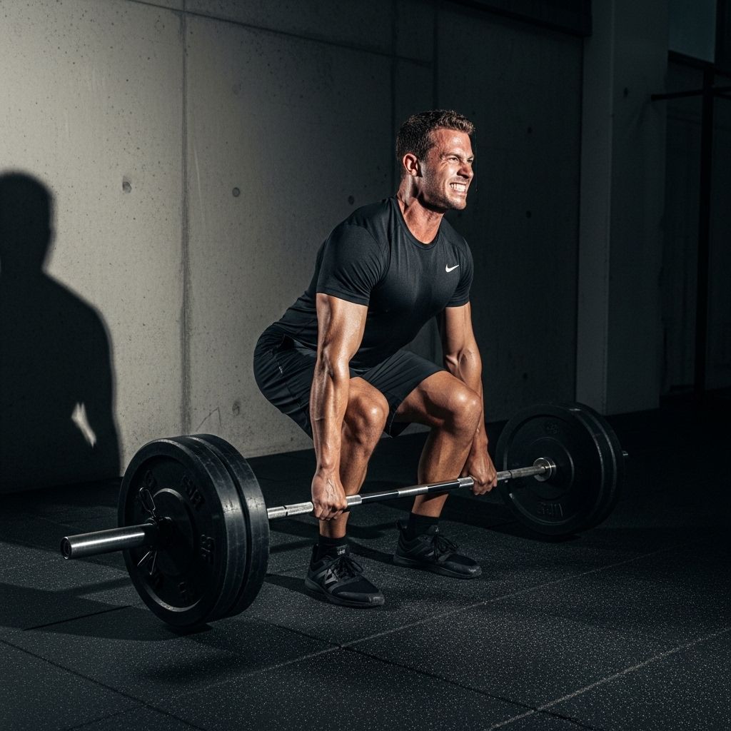 Homme soulevant des haltères dans un gymnase minimaliste aux murs en béton, lumière latérale dure créant des ombres marquées, concentration et posture athlétique sans excès