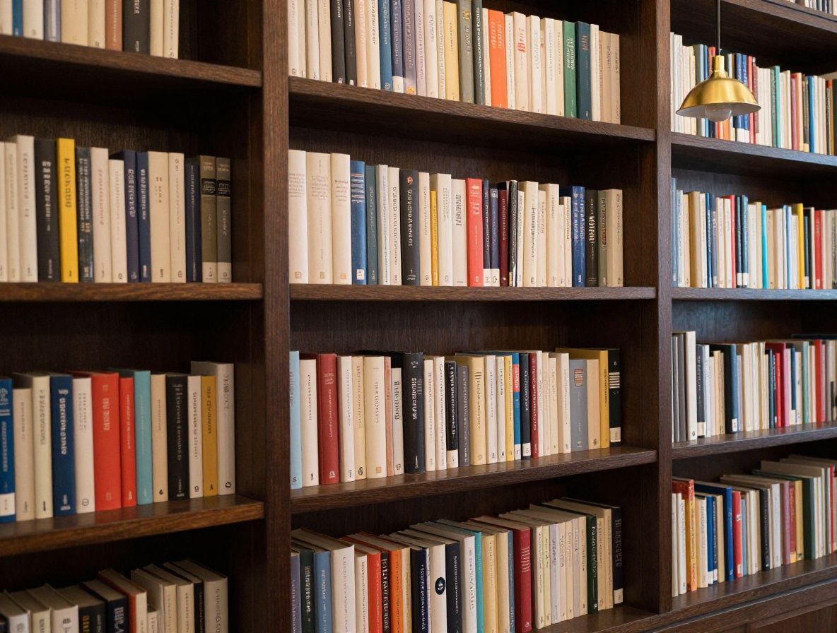 Bibliothèque en bois sombre remplie de livres reliés en cuir et de cahiers de notes, faiblement éclairée par une lampe de bureau dorée créant une atmosphère d'étude studieuse et concentrée, évoquant la recherche et le savoir
